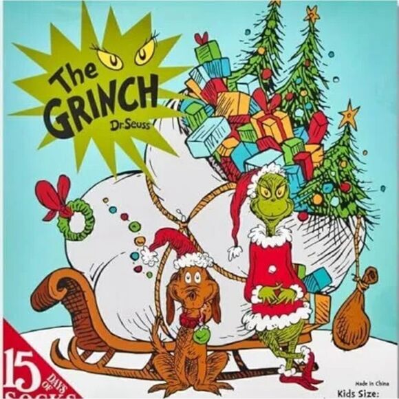 Kids' The Grinch 15 Days of Socks Advent Calendar - Large, Shoe 3-10 - Picture 1 of 7